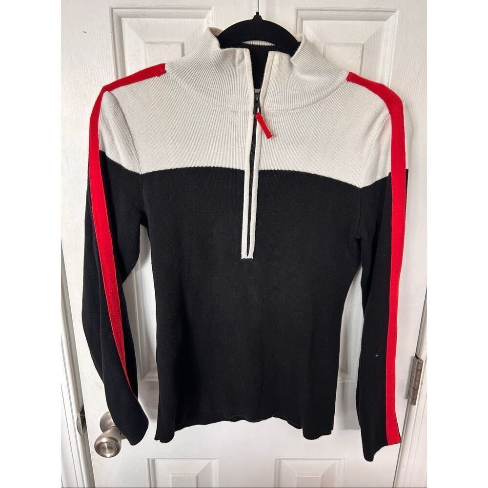 Ralph Lauren Color Block 1/4 zip Sweater~Logo Crest Sleeve Black/Cream/Red~PS